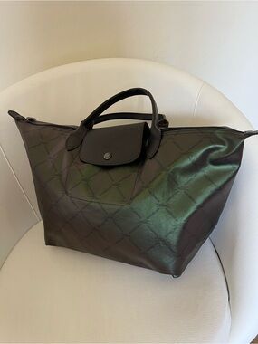 Rare Longchamp Medium Short Handle Metallic Tote Bag Green/Brown Color